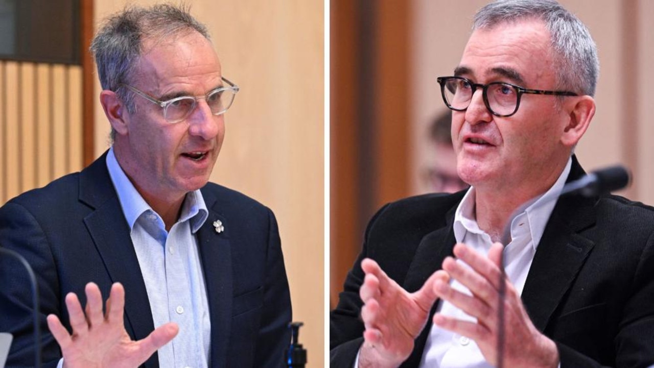 Senator Nick McKim questions Woolworths CEO, Brad Banducci at the Senate Select Committee on Supermarket Prices at Parliament House in Canberra last month. Picture: NCA NewsWire / Martin Ollman