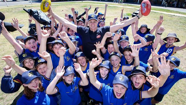 The Full-On Footy Tour visited Pleasant Street Primary School in Ballarat. Picture: Ian Currie