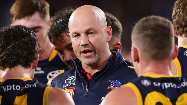 ADELAIDE, AUSTRALIA - JUNE 06: Matthew Nicks, Senior Coach of the Crows during the 2024 AFL Round 13 match between the Adelaide Crows and the Richmond Tigers at Adelaide Oval on June 06, 2024 in Adelaide, Australia. (Photo by Sarah Reed/AFL Photos via Getty Images)