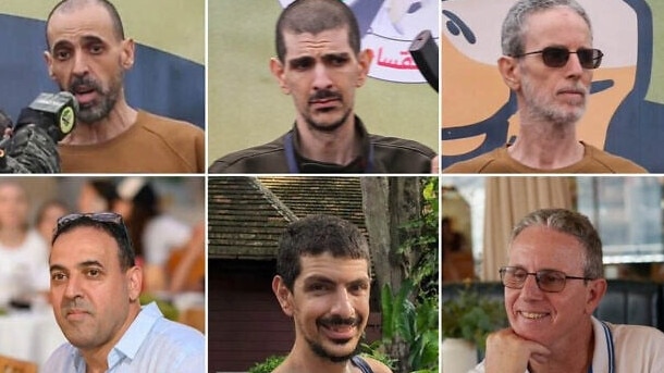 Top row, left to right: Released hostages Eli Sharabi, Or Levy and Ohad Ben Ami seen on a stage set up by Hamas in Deir el-Balah, central Gaza, before the terror group handed them over to the Red Cross, February 8, 2025. Bottom row, the three Israelis as pictured before they were abducted.Picture: AFP.