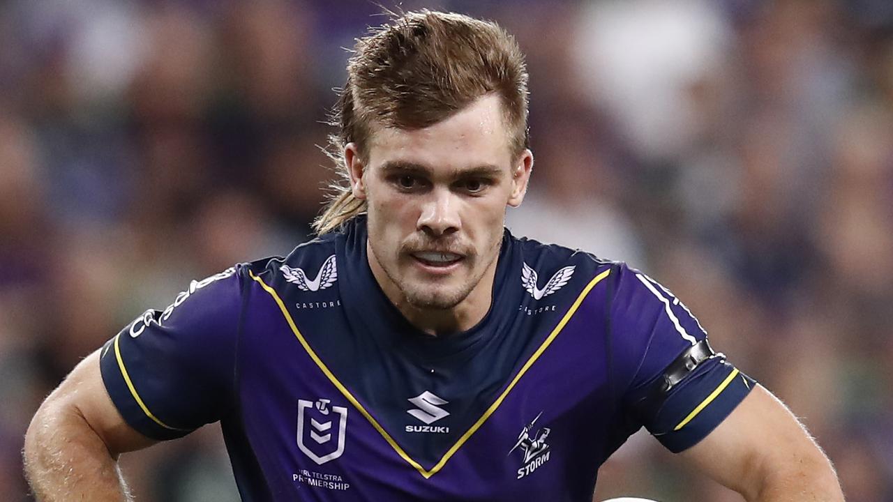 Ryan Papenhuyzen scored four tries in 11 minutes against the Broncos. Picture: Darrian Traynor/Getty Images