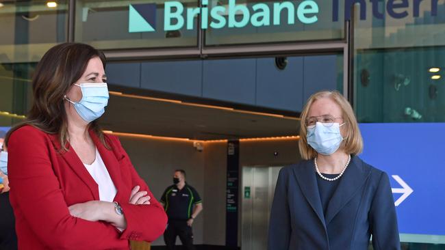 Premier Annastacia Palaszczuk and Chief Health officer Dr Jeannette Young at the new Pinkenba vaccination centre at the Brisbane International Cruise Terminal. Picture: John Gass/NCA NewsWire