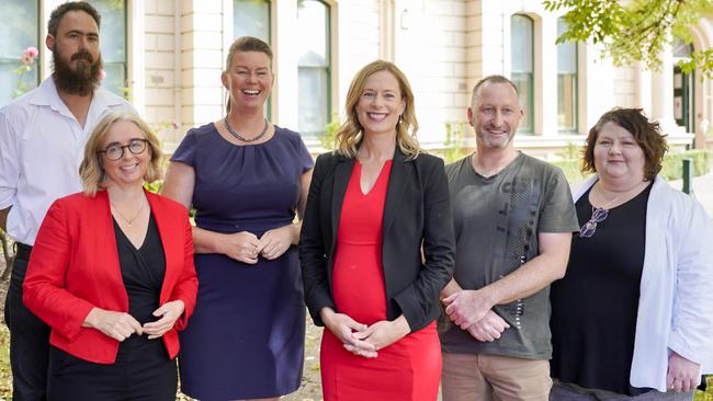 Owen Powell, deputy leader Michelle O'Byrne, Janie Finlay, leader Rebecca White, Adrian Hinds, Jennifer Houston. Rebecca White Labor leader announcing candidates for the state election in Launceston. Picture: Rob Burnett