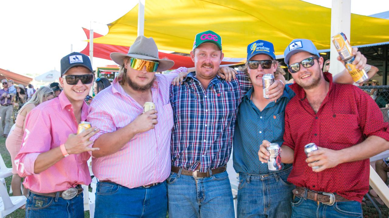 Caleb Box, Jack White, Stuart Small, Frank Johnson and Cade McDonald at the 2021 Adelaide River Races. Picture: Glenn Campbell.