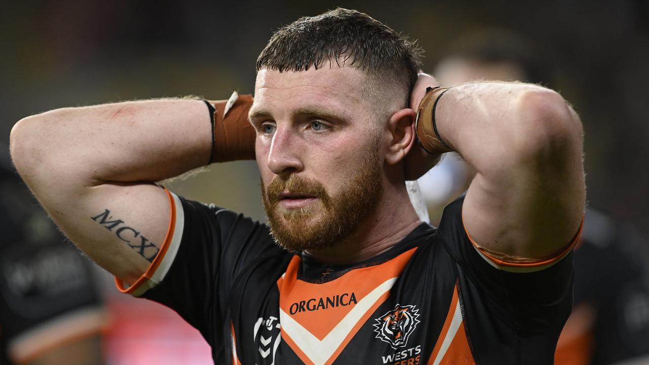 TOWNSVILLE, AUSTRALIA - JULY 24: Jackson Hastings of the Tigers looks dejected after losing the round 19 NRL match between the North Queensland Cowboys and the Wests Tigers at Qld Country Bank Stadium, on July 24, 2022, in Townsville, Australia. (Photo by Ian Hitchcock/Getty Images)