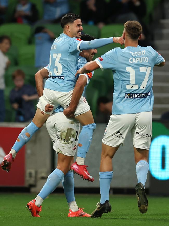 Marco Tilio of Melbourne City celebrates after scoring a goal during the round 29 A-League Men against Sydney FC. Picture: Robert Cianflone/Getty Images