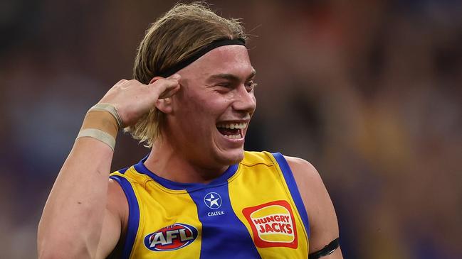 PERTH, AUSTRALIA - APRIL 20: Harley Reid of the Eagles celebrates after scoring a goal during the 2024 AFL Round 06 match between the West Coast Eagles and the Fremantle Dockers at Optus Stadium on April 20, 2024 in Perth, Australia. (Photo by Will Russell/AFL Photos via Getty Images)