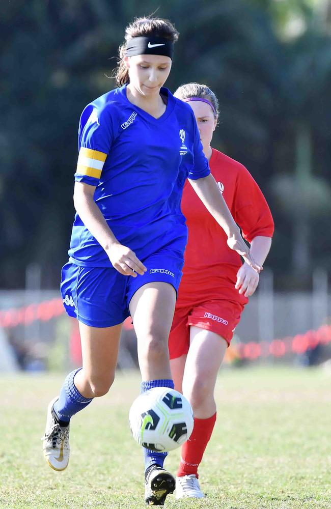 Football Queensland Community Cup carnival, Maroochydore. U15-17 girls, Metro South V Central Coast. Picture: Patrick Woods.