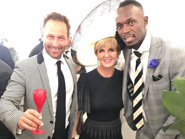 Facebook post by Hayden Burbank (L) from 2017 with Julie Bishop and Usain Bolt at the Melbourne Cup.