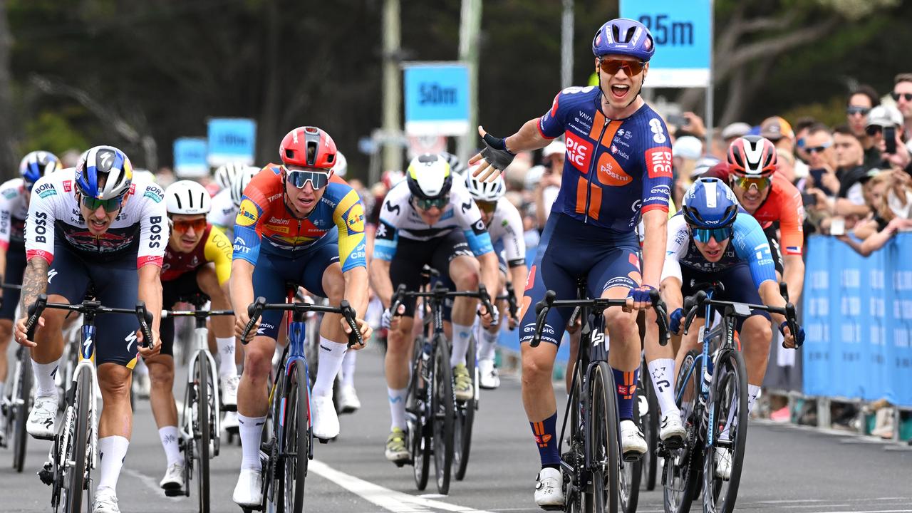 Tobias Lund Andresen celebrates at finish line ahead of Samuel Welsford, Tim Torn Teutenberg and Corbin Strong. Picture: Dario Belingheri/Getty Images