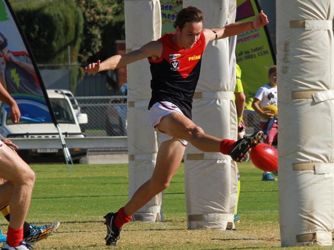 Sunraysia Football League, round 3 match was between Mildura and Redcliffs on Saturday April 30, 2016. Mildura won 14.6 (90) to 10.15 (75). Mildura's Lewin Davis get's a foot to the ball right on the line to score a goal for Mildura. Picture: Glenn Milne