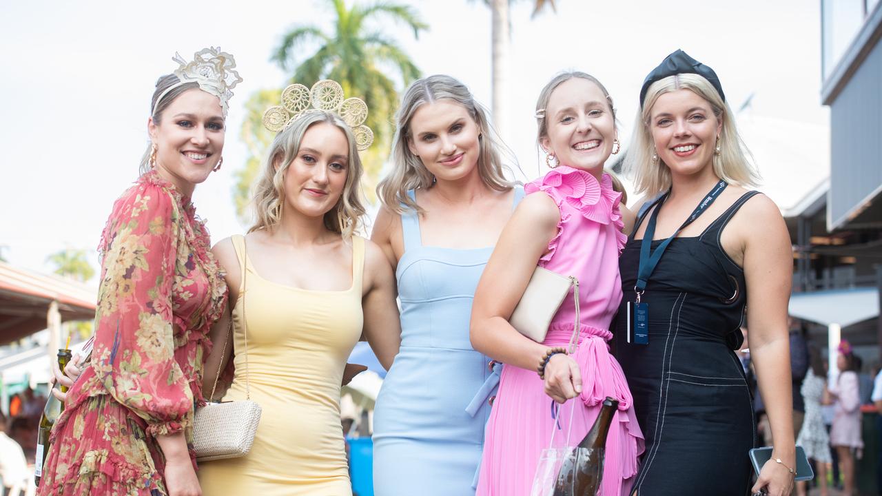 Heidi West, Grace Halliwell, Bijou Daniels, Tahnee Cvirn, Hannah McCourt enjoy all the glitz and glamour from the 2020 Great Northern Darwin Cup Carnival. Picture: Che Chorley