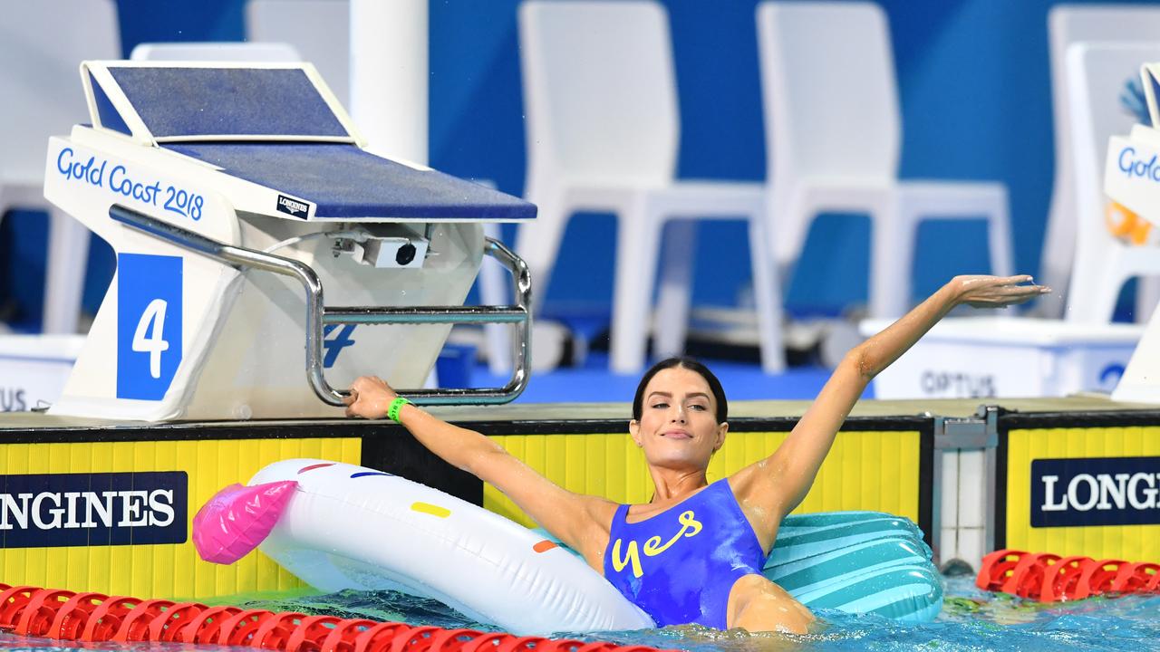 Model and singer Erin Holland takes part in the “Splashies” even at the Gold Coast Commonwealth Games. Picture: AAP Image/Darren England