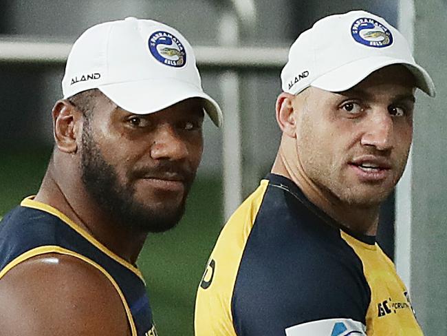 SYDNEY, AUSTRALIA - OCTOBER 07: Injured Eels players Blake Ferguson and Make Sivo watch a Parramatta Eels training session at Kellyville Park on October 07, 2020 in Sydney, Australia. (Photo by Mark Metcalfe/Getty Images)