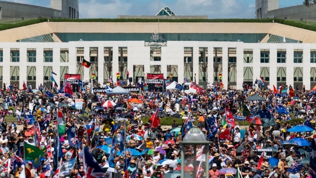 Saturday's protest centred around Parliament House. Picture : NCA NewsWire / Martin Ollman