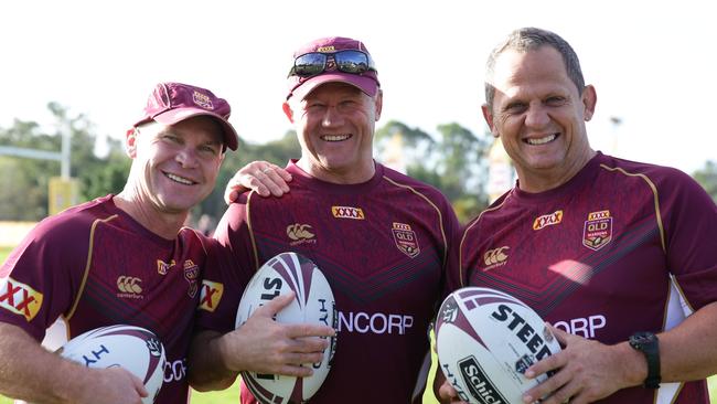 Alan Langer, Trevor Gillmeister and Steve Walters at Queensland State of Origin side training in 2017. Photo: Peter Wallis