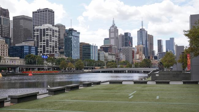 A public space was deserted at lunchtime outside Crown casino. Picture: AAP Image/Scott Barbour