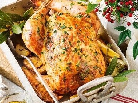 Roast lemon and mixed herb turkey.