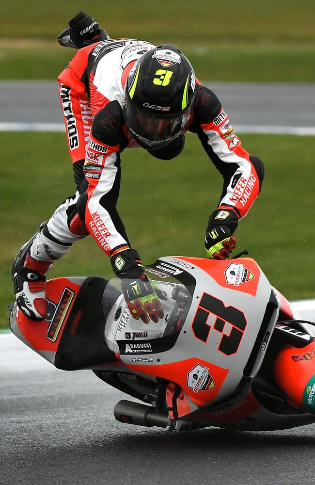 German rider Lukas Tulovic catapults over the handlebars.