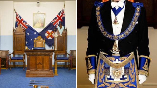 Inside a masonic lodge and, right, a ceremonial apron and regalia worn by a Freemason.