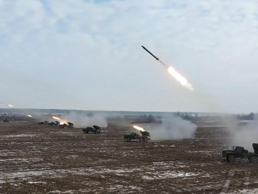 Video grab released by the Russian Defence Ministry shows the Grad multiple rocket launcher firing at mock enemy targets during a joint exercises of the armed forces of Russia and Belarus. Picture: AFP