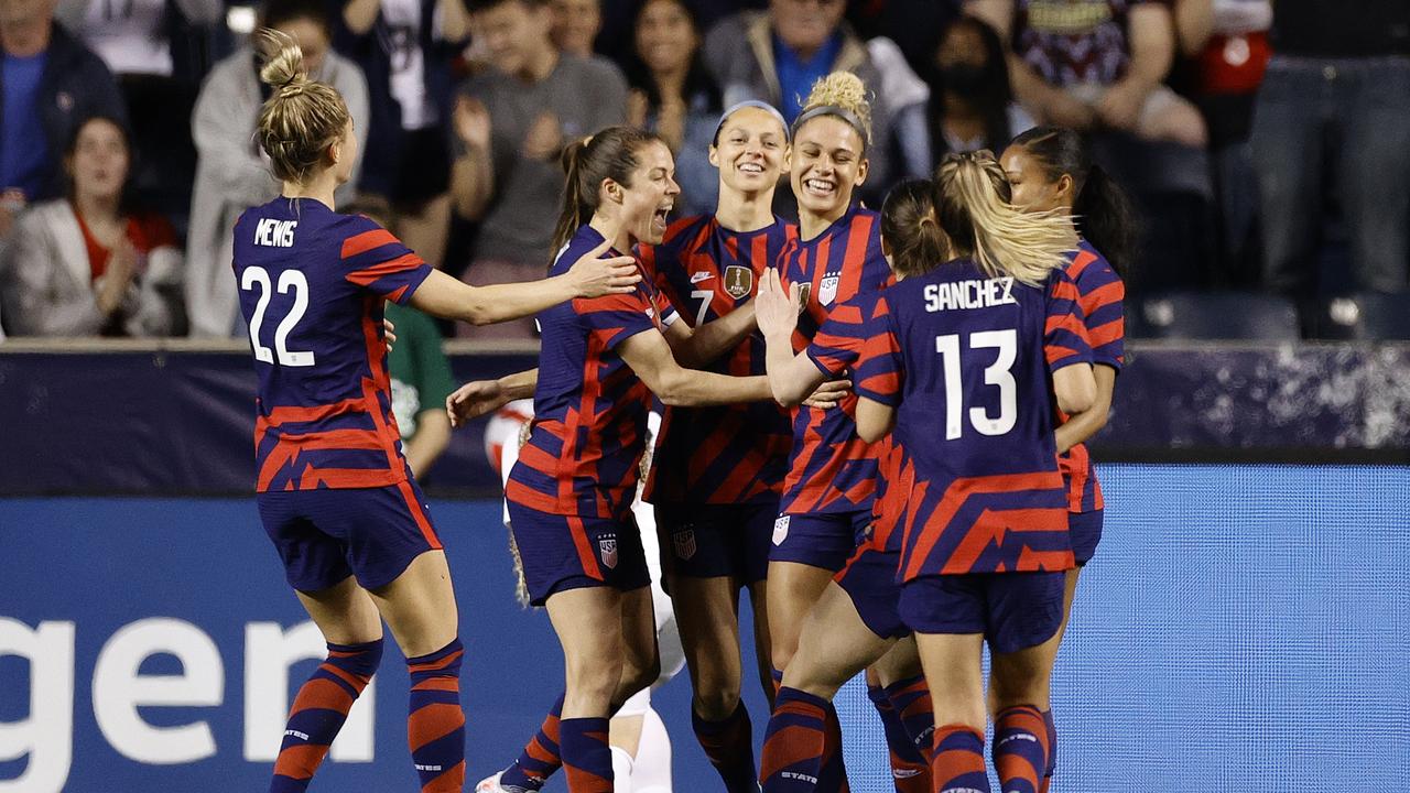 CHESTER, PENNSYLVANIA – APRIL 12: The United States celebrate a goal by Trinity Rodman #14 (C-R) during the second half against Uzbekistan at Subaru Park on April 12, 2022 in Chester, Pennsylvania. (Photo by Tim Nwachukwu/Getty Images)