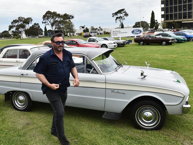 Ford enthusiasts drive their cars to an impromptu gathering outside the Ford factory ahead of the last production vehicle rolling off the line in Broadmeadows. Picture: AAP/Julian Smith