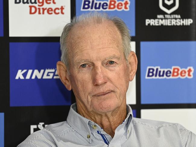 TOWNSVILLE, AUSTRALIA - APRIL 07: Dolphins coach Wayne Bennett speaks at the post match press conference at the end of the round six NRL match between North Queensland Cowboys and Dolphins at Qld Country Bank Stadium on April 07, 2023 in Townsville, Australia. (Photo by Ian Hitchcock/Getty Images)