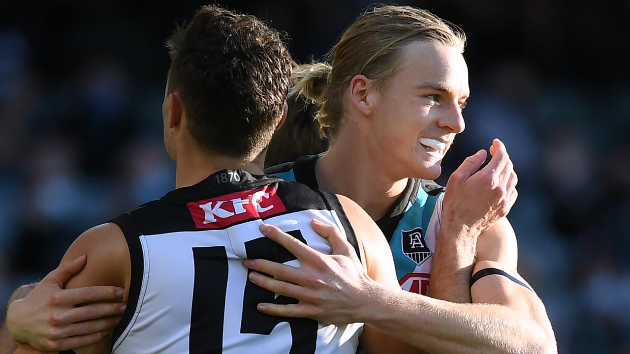 Miles Bergman celebrates a goal with Karl Amon during the 19-goal rout. Picture: Getty Images