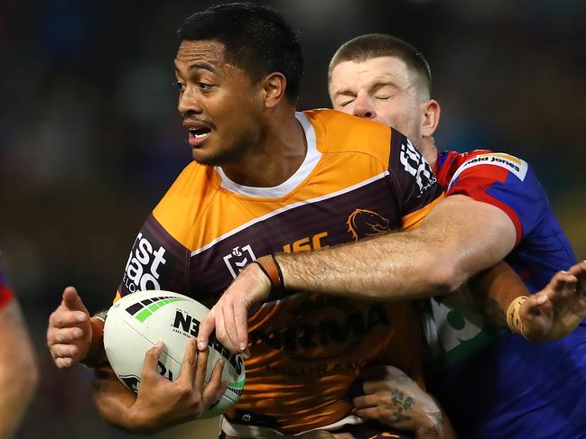 NEWCASTLE, AUSTRALIA - JUNE 29: Anthony Milford of the Brisbane Broncos is tackled during the round 15 NRL match between the Newcastle Knights and the Brisbane Broncos at McDonald Jones Stadium on June 29, 2019 in Newcastle, Australia. (Photo by Tony Feder/Getty Images)