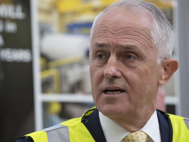 Australian Prime Minister Malcolm Turnbull speaks to the media during a visit to the Norske Skog Boyer Mill near Hobart. Picture: AAP