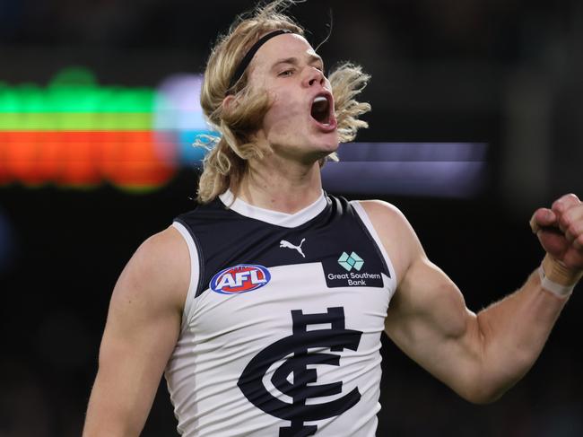 ADELAIDE, AUSTRALIA - MAY 30: Tom De Koning of the Blues celebrates a goal during the 2024 AFL Round 12 match between the Port Adelaide Power and the Carlton Blues at Adelaide Oval on May 30, 2024 in Adelaide, Australia. (Photo by James Elsby/AFL Photos via Getty Images)