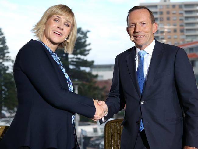 At the 2019 election: Tony Abbott and Zali Steggall shake hands at the beginning of the Sky News/Manly Daily Debate at Queenscliff Surf Club on May 2, 2019. (Photo by Damian Shaw/News Corp Australia via Getty Images)