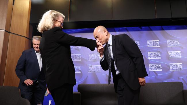 National Press Club president Laura Tingle welcomes Chinese embassy spokesman Wang Xining in Canberra today. Picture: NCA NewsWire / Gary Ramage