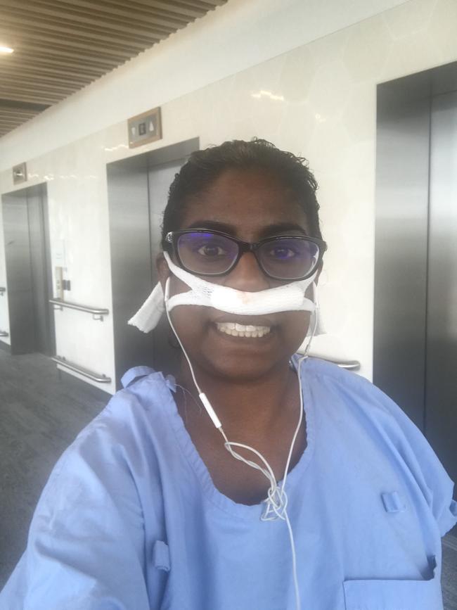 Malini Raj in hospital after her second brain surgery in St Vincent's Hospital in Sydney in 2018. Picture: Supplied