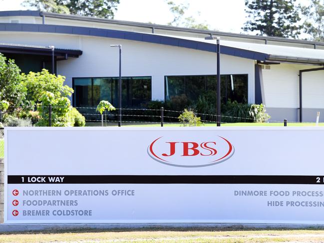 The entrance to the JBS Australia's Dinmore meatworks facility, west of Brisbane, Tuesday, May 12, 2020. The facility is one of four Australian abattoirs banned by China in an apparent escalation of Beijing's trade war. (AAP Image/Dan Peled) NO ARCHIVING