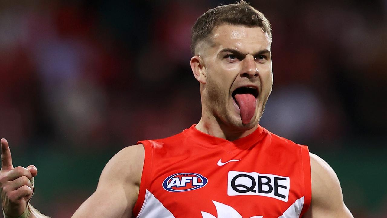 *APAC Sports Pictures of the Week - 2022, September 19* - SYDNEY, AUSTRALIA - SEPTEMBER 17: Tom Papley of the Swans celebrates kicking a goal during the AFL Second Preliminary match between the Sydney Swans and the Collingwood Magpies at Sydney Cricket Ground on September 17, 2022 in Sydney, Australia. (Photo by Mark Kolbe/AFL Photos/via Getty Images)