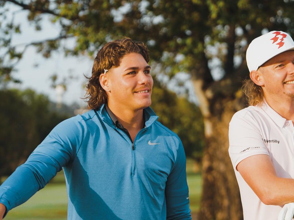 Brisbane Broncos Reece Walsh is about to start his own youtube channel called Reece TV - Reece with golfer Cameron Smith Picture Supplied