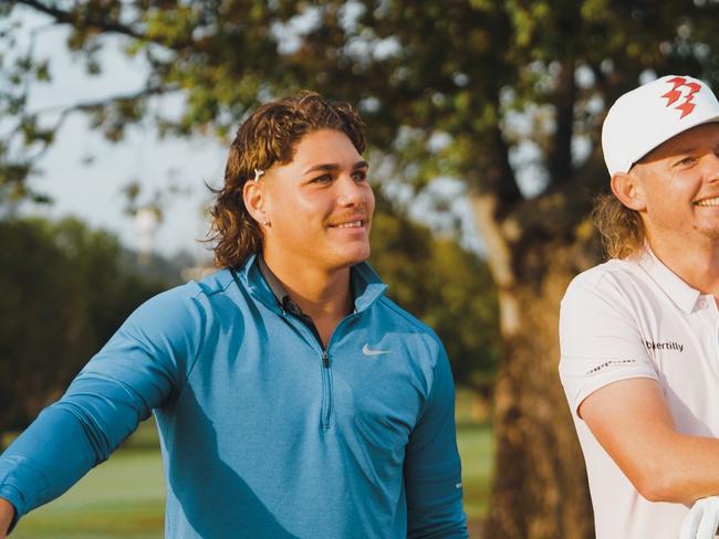 Brisbane Broncos Reece Walsh is about to start his own youtube channel called Reece TV - Reece with golfer Cameron Smith Picture Supplied