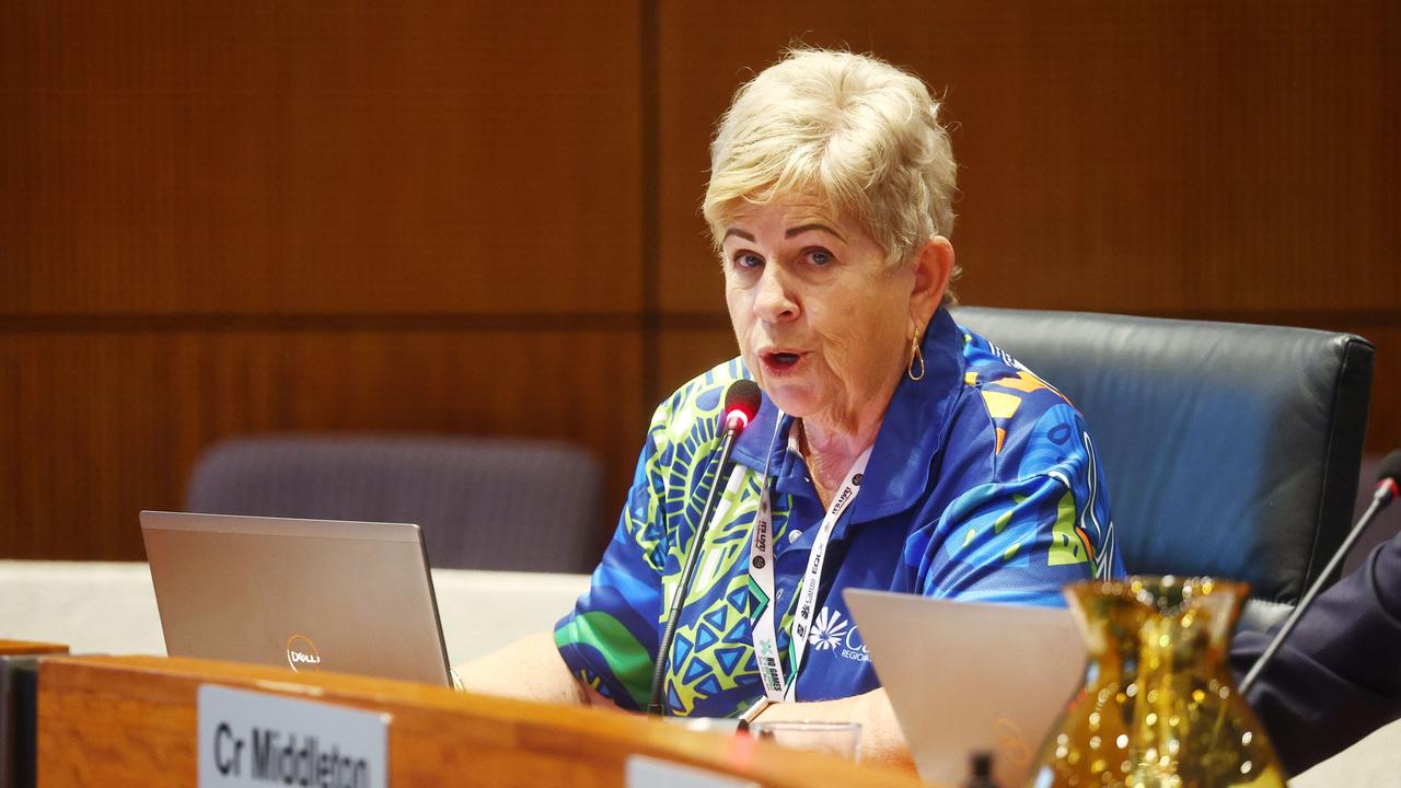 Cairns councillor Rhonda Coghlan speaks on the devastating effect Cyclone Jasper and the floods had on the region at a recent Cairns Regional Council ordinary meeting. Picture: Brendan Radke