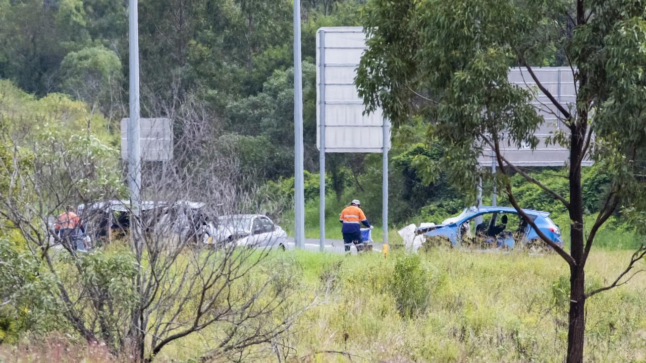 The scene of a three car crash on the Centenary Highway between Springfield and White Rock on Sunday morning. Picture: Richard Walker