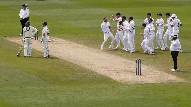 Ben Stokes of England celebrates after taking the wicket of Steve Smith of Australia. Picture: Getty