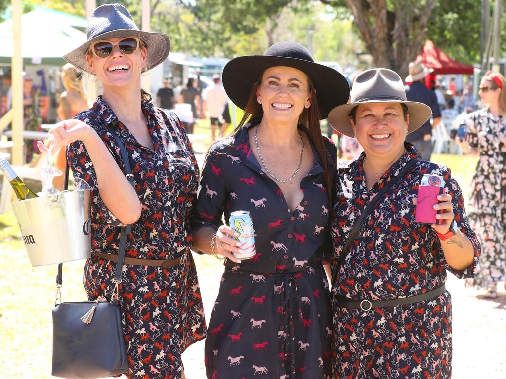 Kerrie Small, Kerry Charlton and Elizabeth Szedgedio at the 2021 Adelaide River Races. Picture: Glenn Campbell