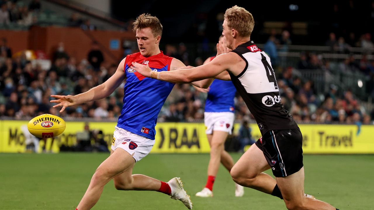 James Jordon was mobbed by teammates in the Round 4 clash with the Power. Picture: James Elsby/AFL Photos