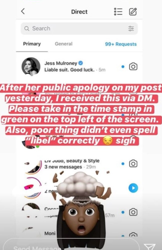 Sasha Exeter posts message from Jessica Mulroney. Picture: sashaexeter/Instagram