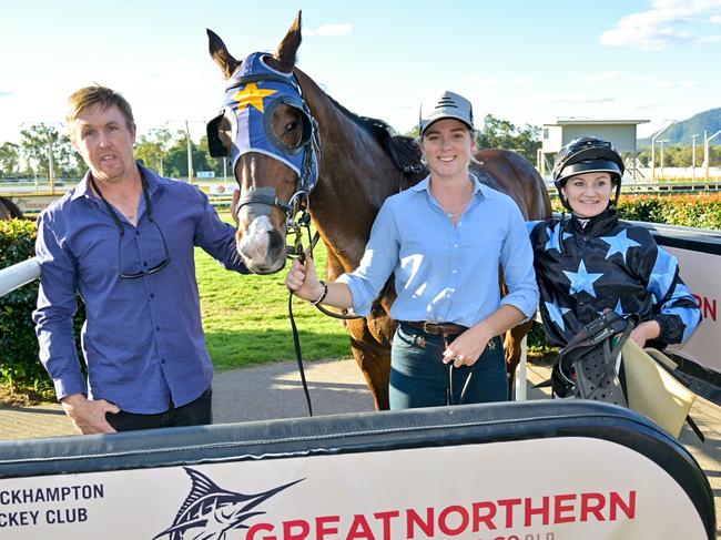 Trainer Aiden Nunn and jockey Teagan Voorham combine to win the Rockhampton Cup with Hype. Picture: Caught In The Act Photography CQ