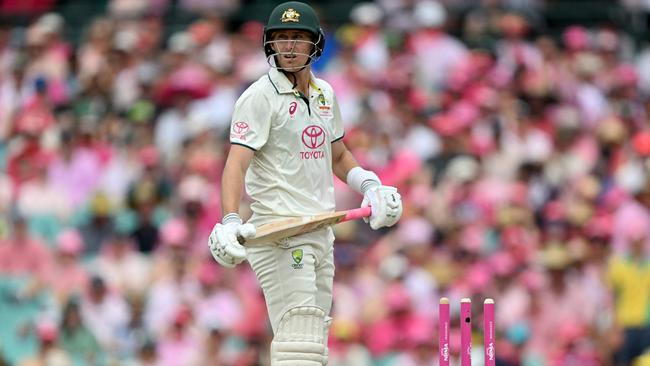 Australiaâs Marnus Labuschagne is clean bowled by Pakistanâs Salman Ali Agha during day three of the third cricket Test match between Australia and Pakistan at the Sydney Cricket Ground in Sydney on January 5, 2024. (Photo by Saeed KHAN / AFP) / -- IMAGE RESTRICTED TO EDITORIAL USE - STRICTLY NO COMMERCIAL USE --