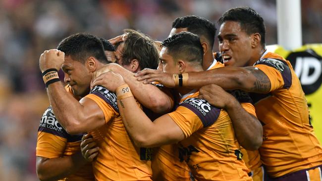 Alex Glenn leads the celebrations after Milford’s try. Picture: AAP Image/Darren England