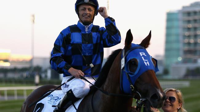 Damian Browne celebrates after Buffering’s win in Dubai.