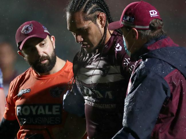 SYDNEY, AUSTRALIA - AUGUST 07: Martin Taupau of the Sea Eagles is taken off injured during the round 13 NRL match between the Manly Sea Eagles and the New Zealand Warriors at Lottoland on August 07, 2020 in Sydney, Australia. (Photo by Cameron Spencer/Getty Images)